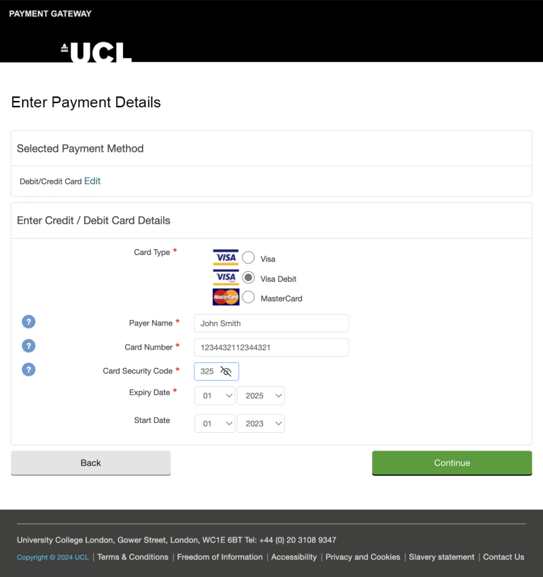 Screenshot of payment page which shows fields that need filling in with debit or credit card details