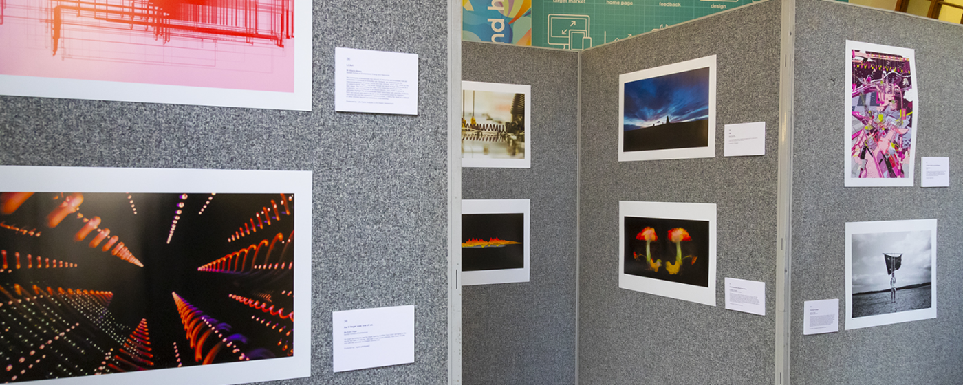 Close-up of Research images as art exhibition