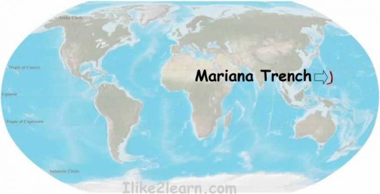 graphic image of a map of the world. There is text in large black font saying Mariana Trench with an arrow pointing towards an area marked in red in the shape of a thin crescent. The area is in the Western Pacific Ocean between Japan and Papua New Guinea.
