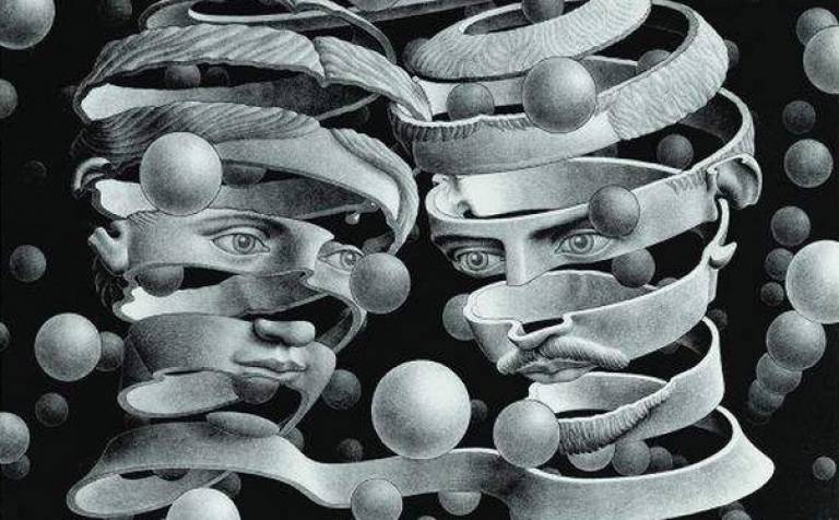 Surrealist painting  by M.C. Escher. A black and white painting of two men who's heads look like ribbons unfurling.