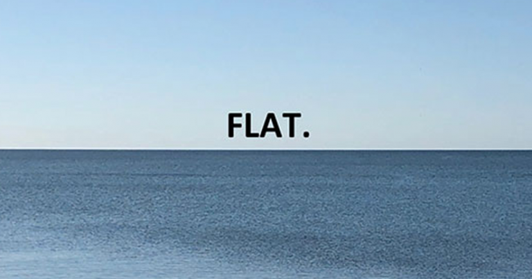 In the photograph, the dark blue sea and pale blue sky meet in a straight horizontal line across the middle of the image. Text says 'flat.'