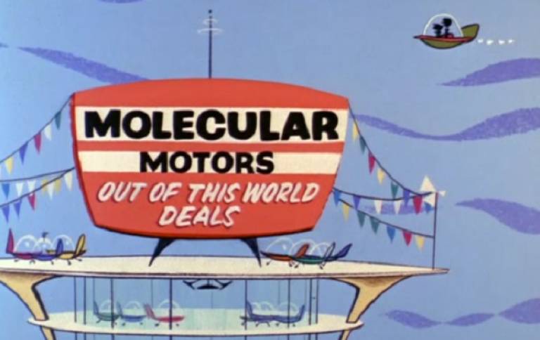 cartoon of a glass tower with lots of parked cars inside. There is a sign on top of the building saying 'molecular cars. out of this world'. there is a flying car in the background.
