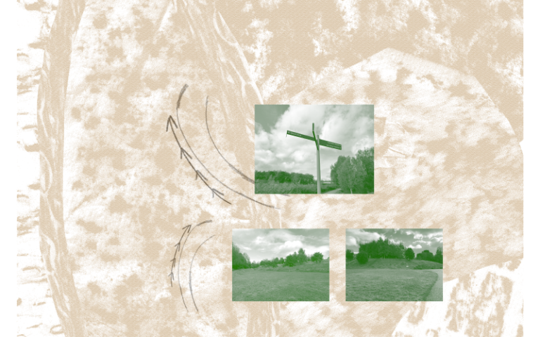 abstract birdseye view of a beige landscape. Overlaid are three rectangular photographic images of landscapes, in green.