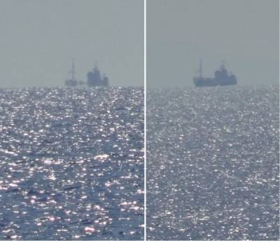 Two similar images next to each other. The ocean covers the bottom two thirds of each image. Along the horizon there is an outline of a ship in each image.