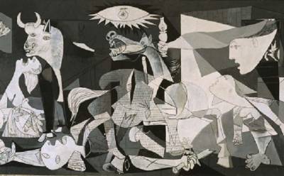 monochrome cubist painting portraying different scenes including people screaming, a bull and a horse.