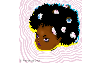 illustrated head floating in ripples of pink. Face have purple eyes, purple lips and eye balls emerging from afro style hair.