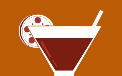 Graphic image of a cocktail glass with a straw and a line on the edge. colours are oranges and reds.