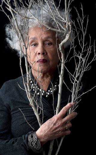 Photograph of a woman with grey hair looking straight on at the camera. In front of the woman are some pale branches that slightly cover her face and body.
