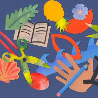 Colourful event graphic with drawings of craft materials including scissors and pencil and a hand against a blue background