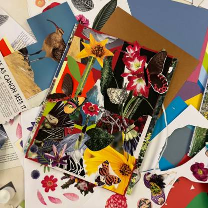 Photograph of a colourful collage depicting flowers, birds and butterflies.