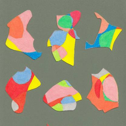 Photograph of six abstract shapes made from multicoloured paper arranged in two rows on a grey background..