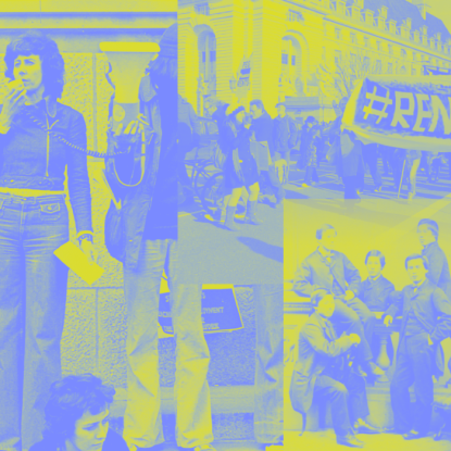 A collage of photographs of groups of students through history, tinted in mid blue and lime green