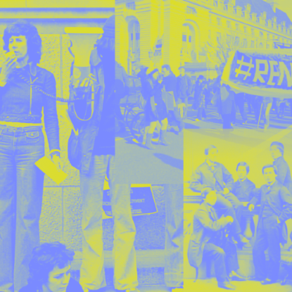Collage style compilation of photographs of students across the history edited in two-wave neon yellow and lilac colour balance.