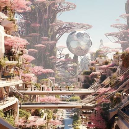 An ai generated image of a futuristic nature city full of tiered apartment buildings and cherry blossoms. 