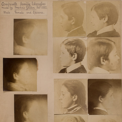 Sepia image showing a selection of historical photographs of children in side profile, some with blurred faces