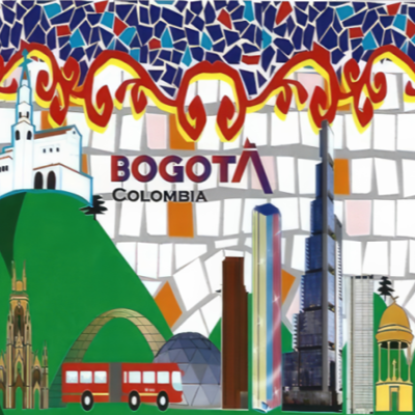 Colourful stylised image representing some of the key landmarks of Bogota, Colombia