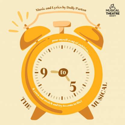 Yellow alarm clock with hands pointing to 9 and 5 and with lyrics to Dolly Parton song of same name