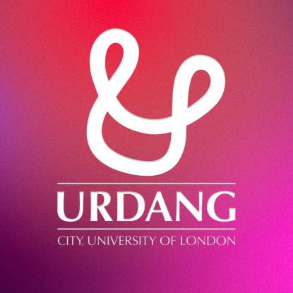 looped symbol of Urdang school and name of school and its City University affiliation, in white of a graded pink background