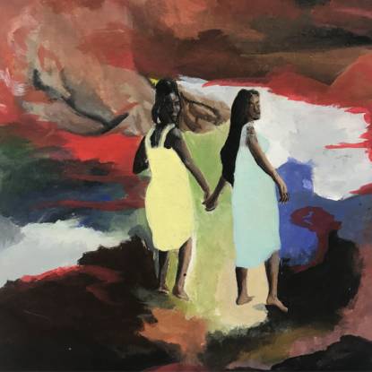 Painting showing two Black women holding hands and facing away from the viewer, one wearing a yellow dress and one wearing a green dress. The background is painted in shades of red, black and white in an impressionistic style.