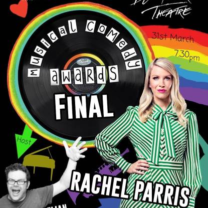 Poster for WeGotTickets Musical comedy awards final. Black and rainbow colours with a vinyl record, and comedians Rachel Parris and Nick Horseman