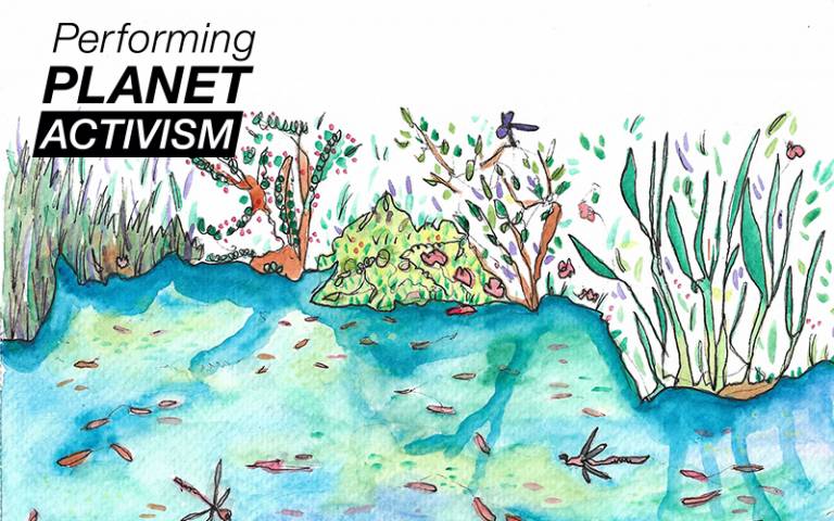 Illustration of a pond overlaid with a logo reading 'Performing Planet Activism'