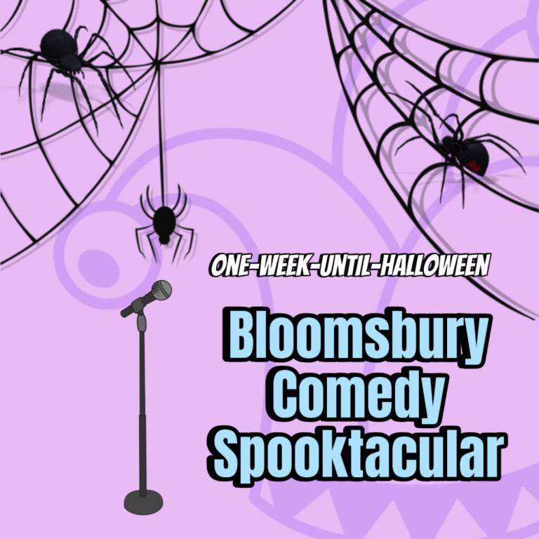Illustration of spiders and spiderwebs and a mic stand, on pink background.