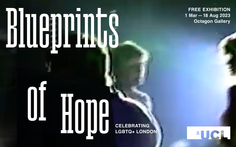 Exhibition graphic showing the title 'Blueprints of Hope' and exhibition details over a film still showing a group of backlit people in a nightclub setting