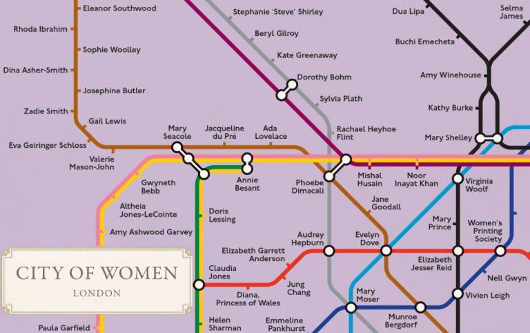 A version of the London Underground map on a lilac background with names of famous women and non-binary people in place of tube stations