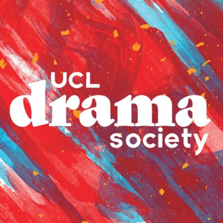UCL Drama Society written in white on a red blue and yellow marbled background