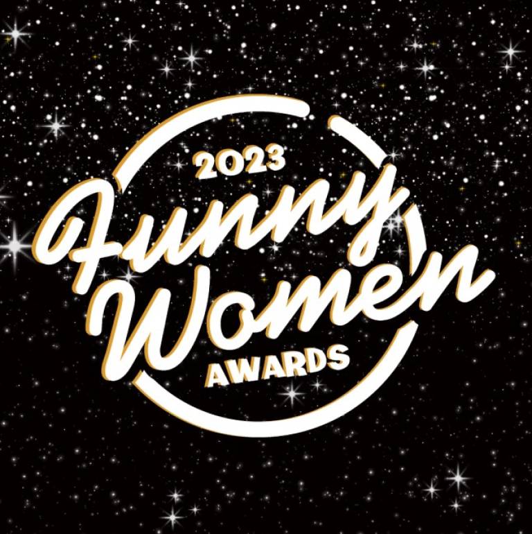Circular logo for Funny Women Awards 2023 in white against a background of stars on black