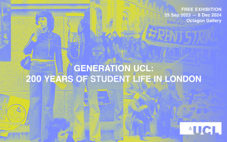 Exhibition graphic featuring a collage of archive student images in blue and lime green. Overlaid in white is the text 'Generation UCL: 200 Years of Student Life in London, FREE EXHIBITION, 25 Sep 2023 - 8 Dec 2024, Octagon Gallery' and the UCL logo.