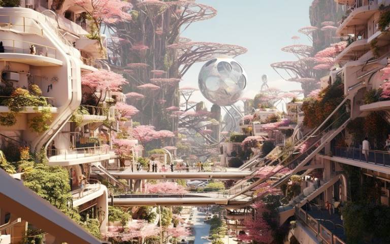 An ai generated image of a futuristic 'nature city' full of tiered apartment buildings and pink cherry blossoms. 