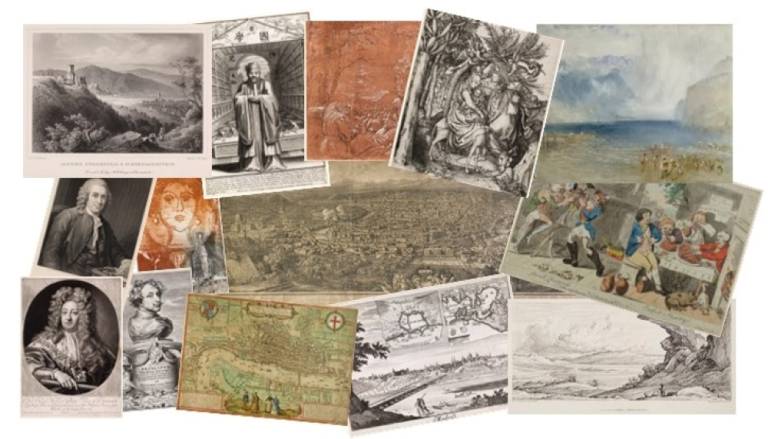 A collage of artworks including paintings, maps, engravings and other prints