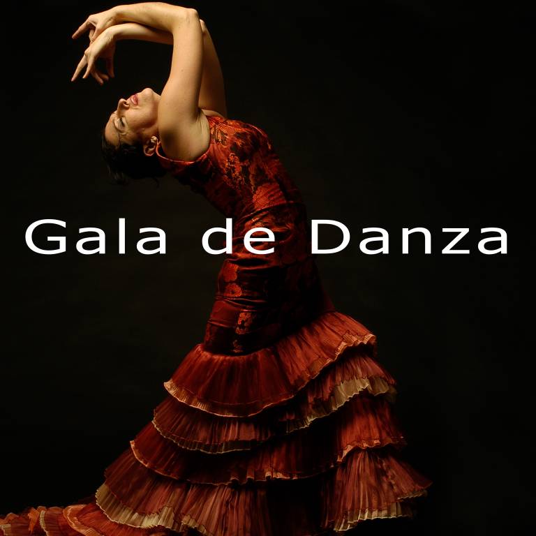 Dancer in red brocade dress with multiply frilled skirt, arching backwards with arms aloft, against a black background. Show title, Gala de Danza is written in white across the centre of the image