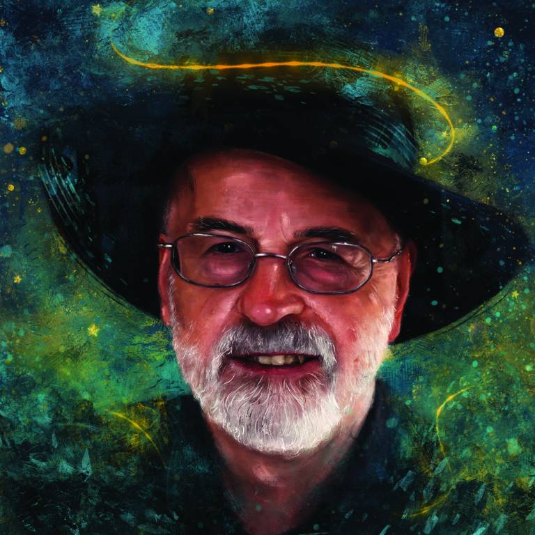 Illustration of Terry Pratchett in a wizard's hat against background of starry nightime sky
