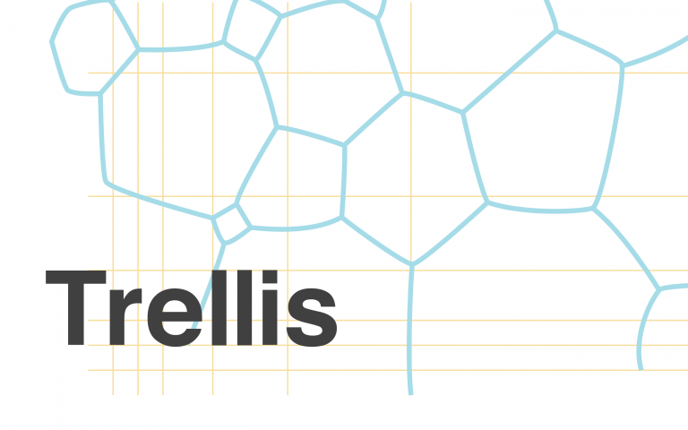 Trellis written on white background with cellular web in light blue behind