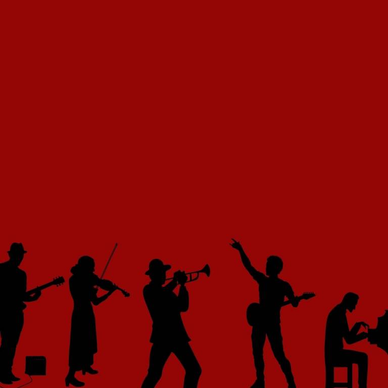 Rhpsody Show artwork of silhouettes playing instruments against a red background