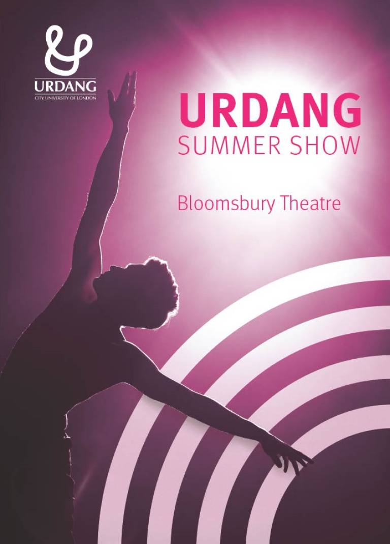 Magenta and white poster showing Urdang logo top left. To the right is written Urdang Summer Show, Bloomsbury Theatre. Bottom left shows backlit dancer in arabesque pose. Four quarter circles of increasing size radiate from bottom right