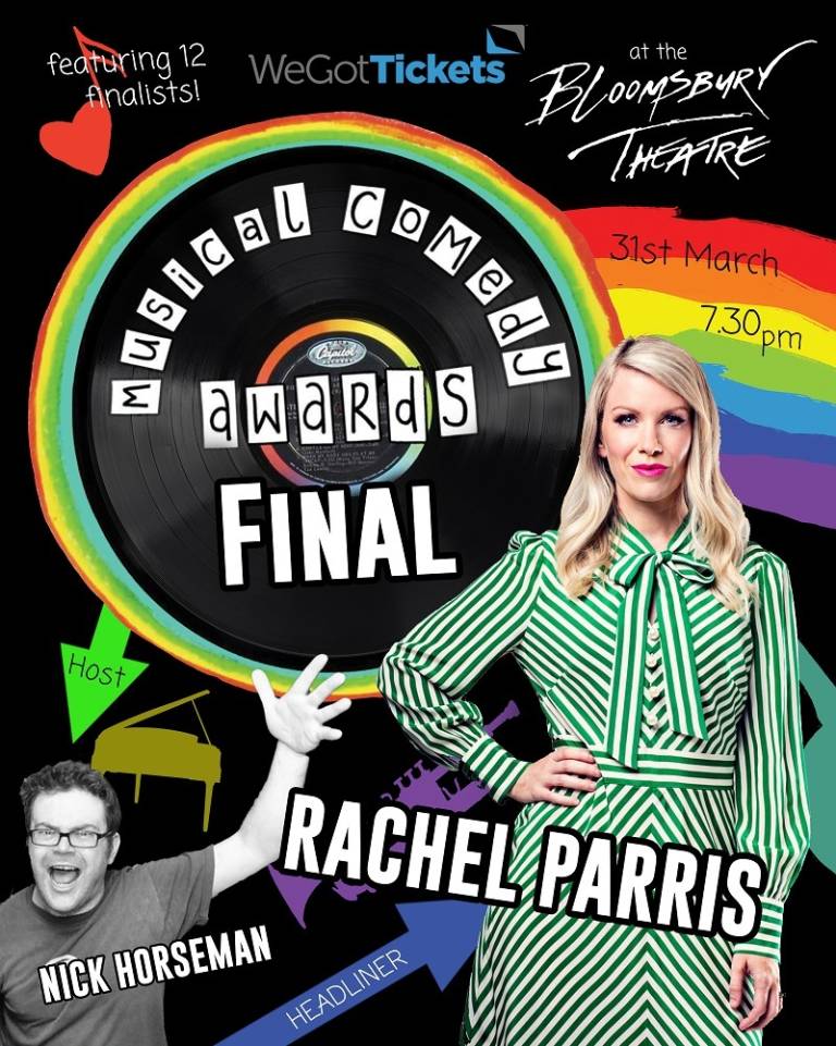 Poster for WeGotTickets Musical comedy awards final. Black and rainbow colours with a vinyl record, and comedians Rachel Parris and Nick Horseman