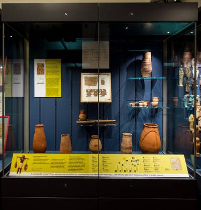 IMage of new cases at The Petrie Musuem showing Egyptian papyri and pottery. 