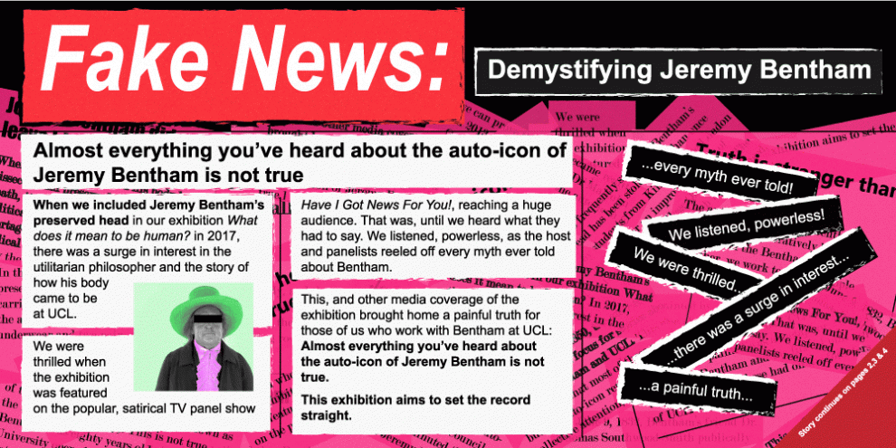 Image of a colourful, rectangular board featuring text. The heading reads 'Fake News: Demystifying Jeremy Bentham'