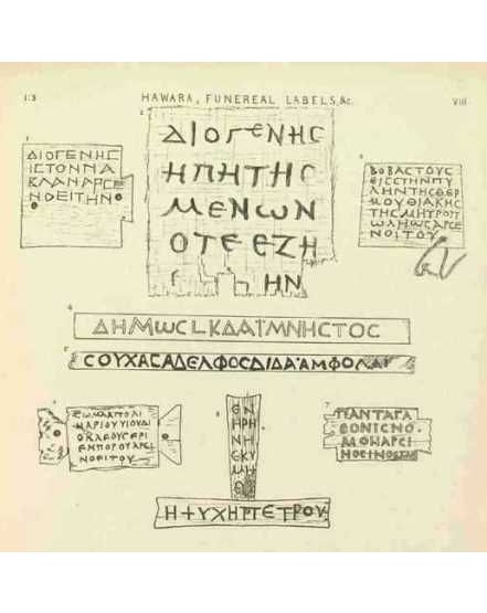 Drawings of name tags from Hawara. From Petrie, Hawara, Biahmu and Arsinoe, 1911: pl. VII.