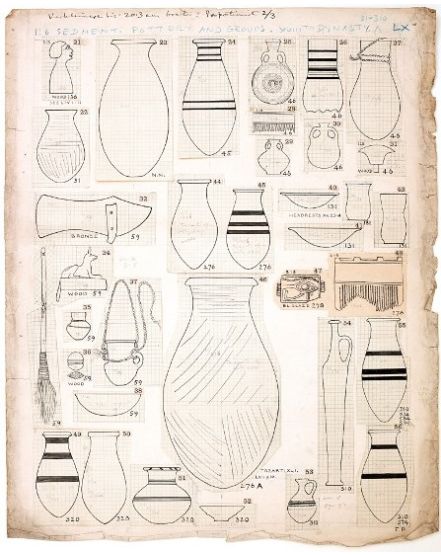 Mock-up of drawings of objects from Sedment for publication. From the Petrie Museum archive.
