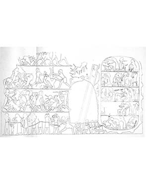 Drawing of the battle scene from the tomb of Inti. Petrie, Deshasheh: 1897, pl. IV.