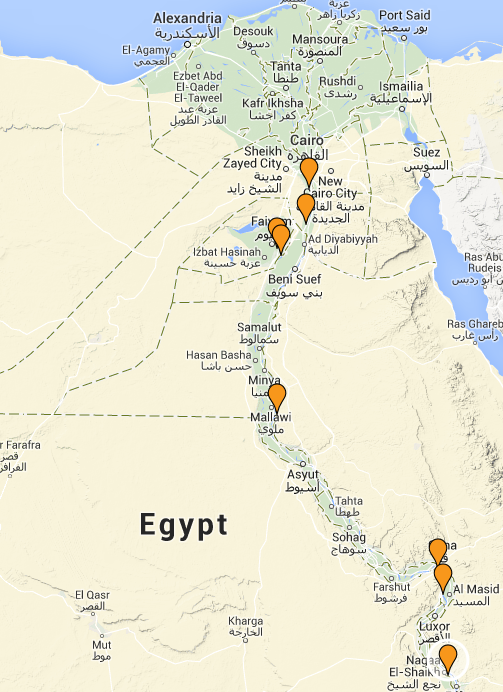 Tour of the Nile map showing the sites of: Memphis, Tarkhan, Hawara, Gurob, Amarna, Dendereh, Naqada, Hierakonpolis.