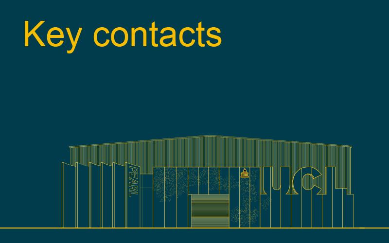 Decorative image of a UCL building with text displaying: Key Contacts
