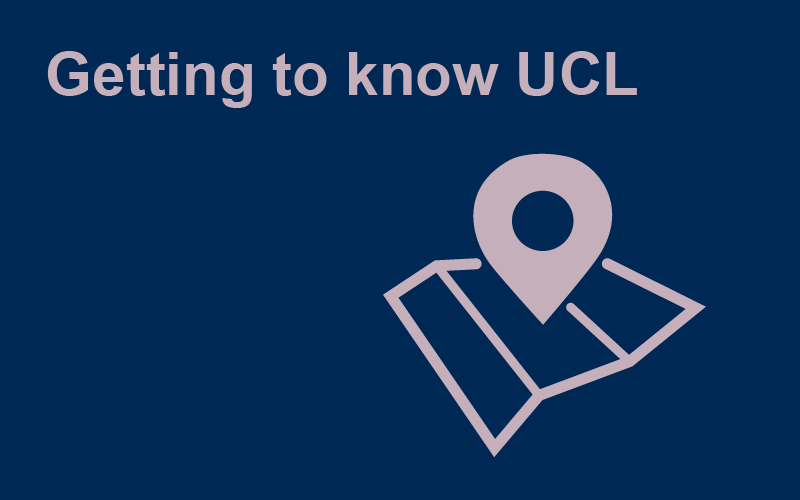 Decorative image of a location pin with text displaying: Getting to know UCL