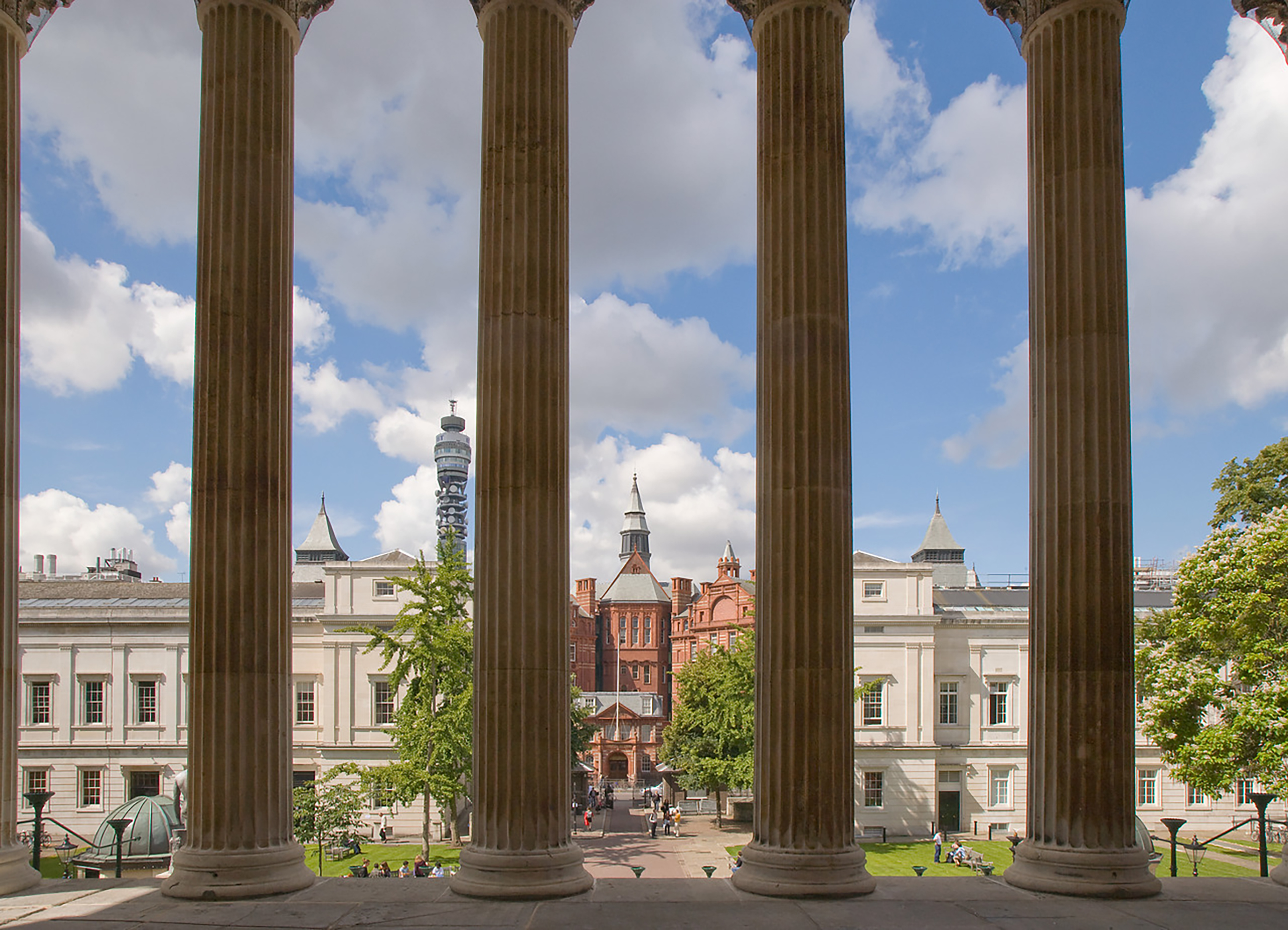 An image of UCL campus taken through building columns