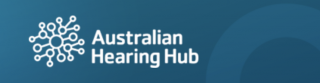 The official logo for the Australian Hearing Hub which is white writing on a blue background