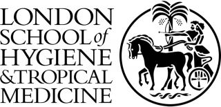 Logo for London School of Hygience & Tropical Medicine. Black writing and and the school seal showing two Greek Gods in a horse drawn chariot
